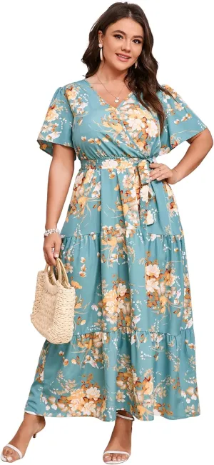 KOJOOIN Women Plus Size V Neck Wrap Maxi Dress Short Sleeves High Waist Ruffle Summer Casual Dress with Belt