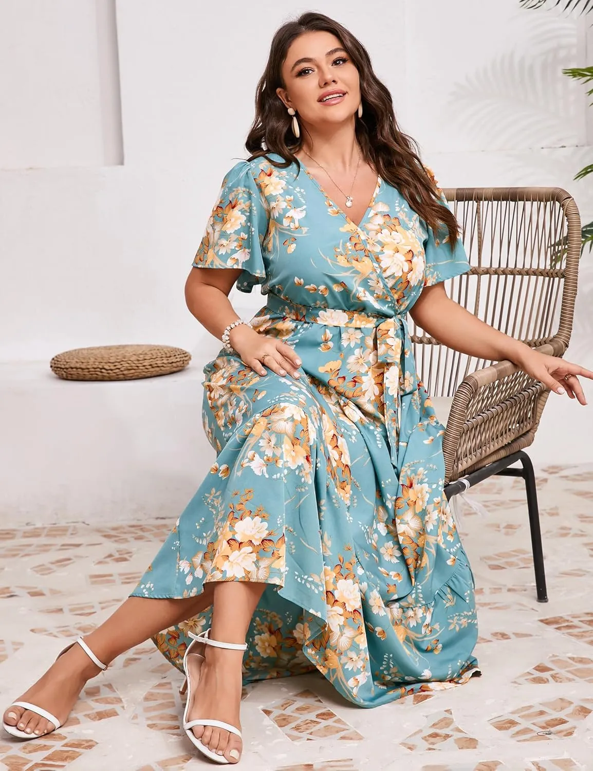 KOJOOIN Women Plus Size V Neck Wrap Maxi Dress Short Sleeves High Waist Ruffle Summer Casual Dress with Belt