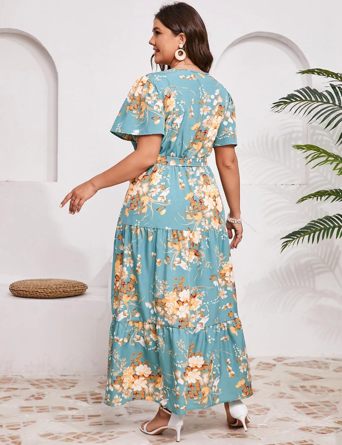 KOJOOIN Women Plus Size V Neck Wrap Maxi Dress Short Sleeves High Waist Ruffle Summer Casual Dress with Belt