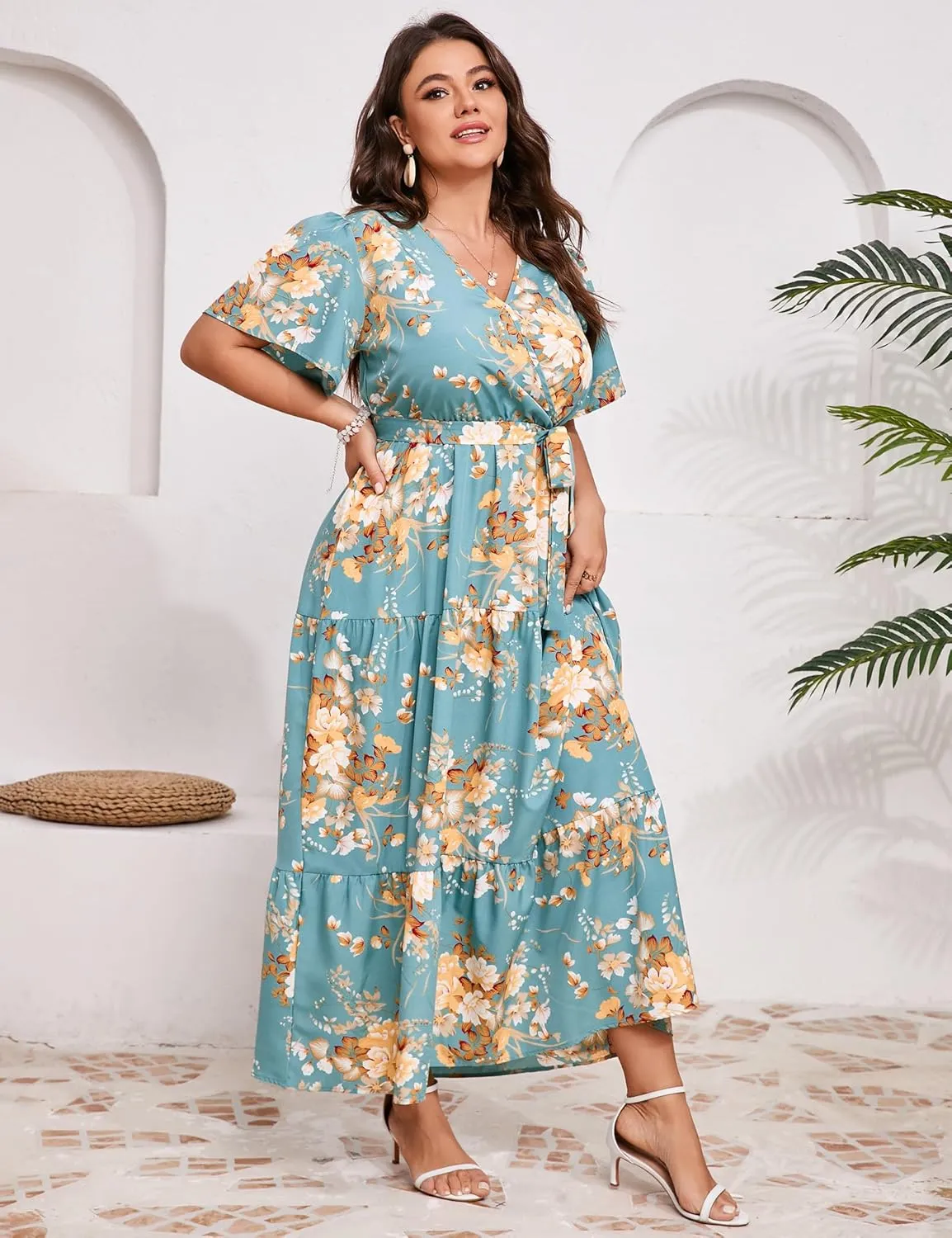 KOJOOIN Women Plus Size V Neck Wrap Maxi Dress Short Sleeves High Waist Ruffle Summer Casual Dress with Belt
