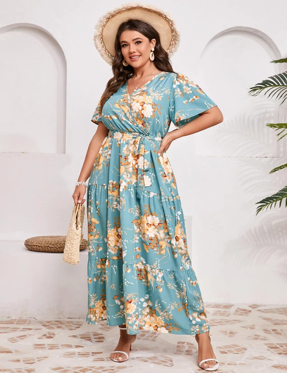 KOJOOIN Women Plus Size V Neck Wrap Maxi Dress Short Sleeves High Waist Ruffle Summer Casual Dress with Belt