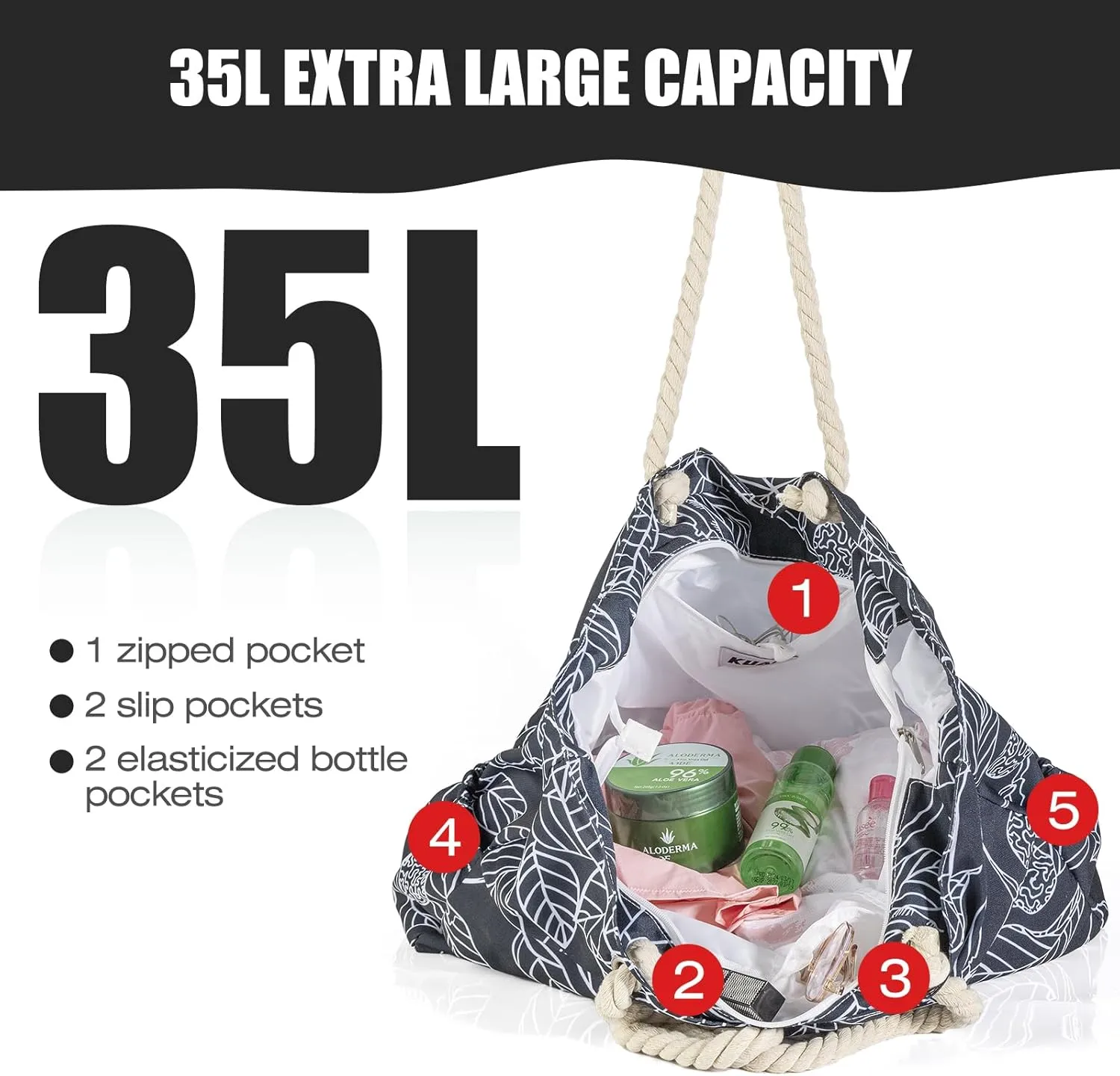 KUAK Beach Bag, Large Beach Bags for Women Waterproof Sandproof Beach Tote Bag with Zipper and Pockets for Pool Family