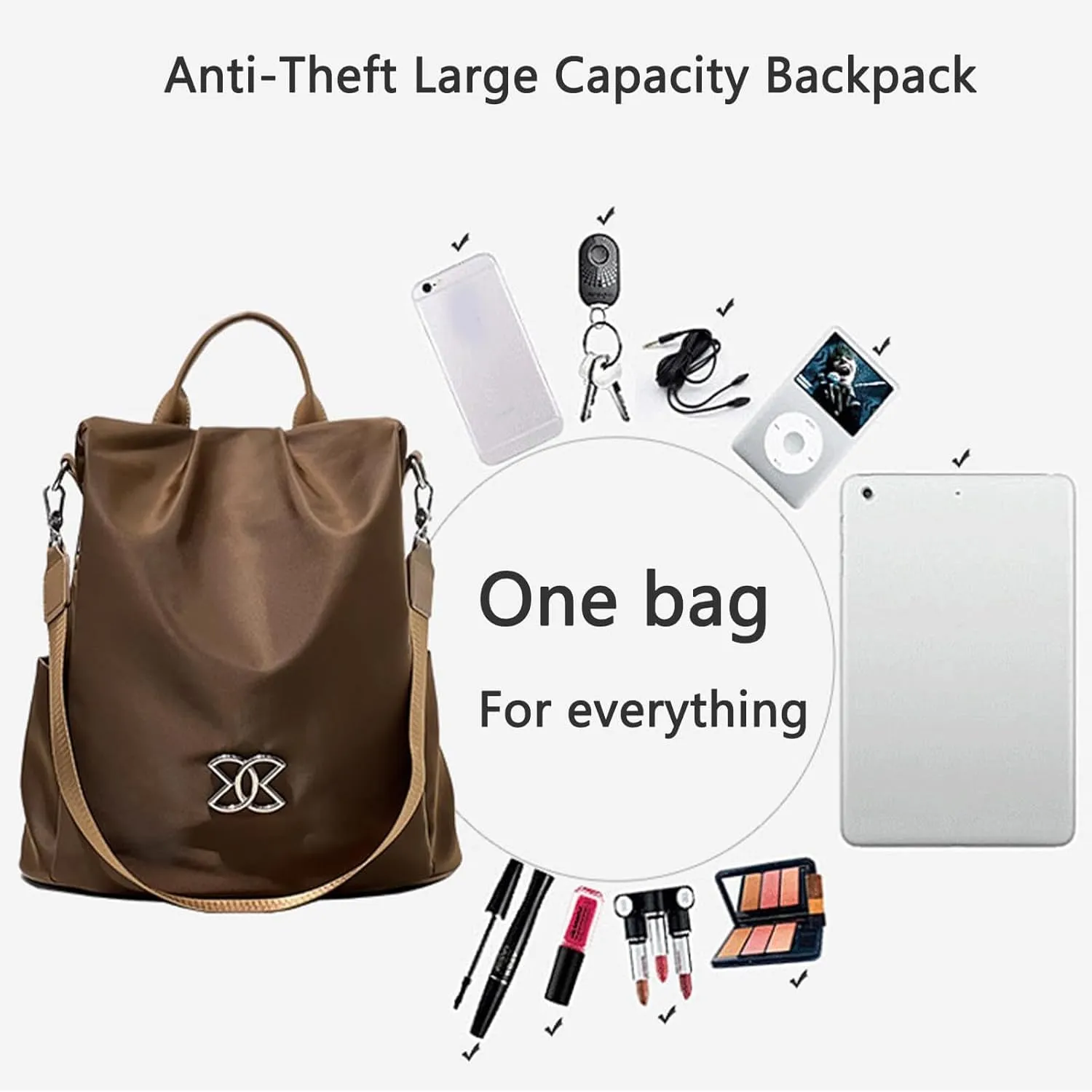 Ladies' anti-theft large capacity backpack, travel safety waterproof Oxford face, ladies' casual backpack, available in beige, brown, black(Black)