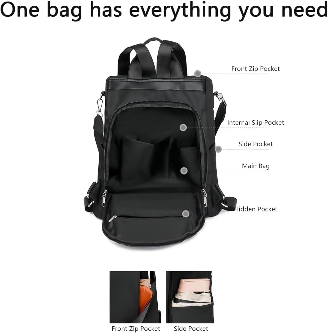Ladies' anti-theft large capacity backpack, travel safety waterproof Oxford face, ladies' casual backpack, available in beige, brown, black(Black)