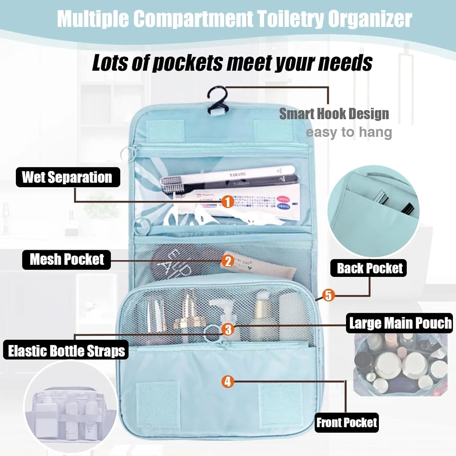 L&FY Hanging Travel Toiletry Bag Women's Cosmetic Organizer Makeup Pouch Men's Dopp Kits With Handle(Lake Blue)