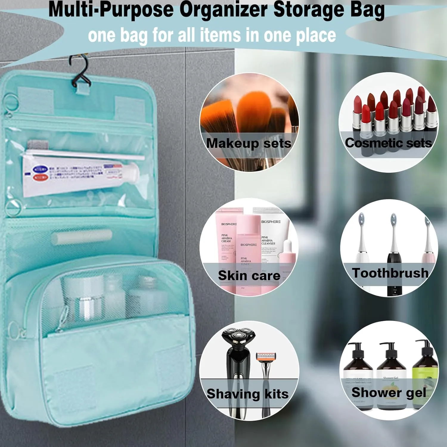L&FY Hanging Travel Toiletry Bag Women's Cosmetic Organizer Makeup Pouch Men's Dopp Kits With Handle(Lake Blue)