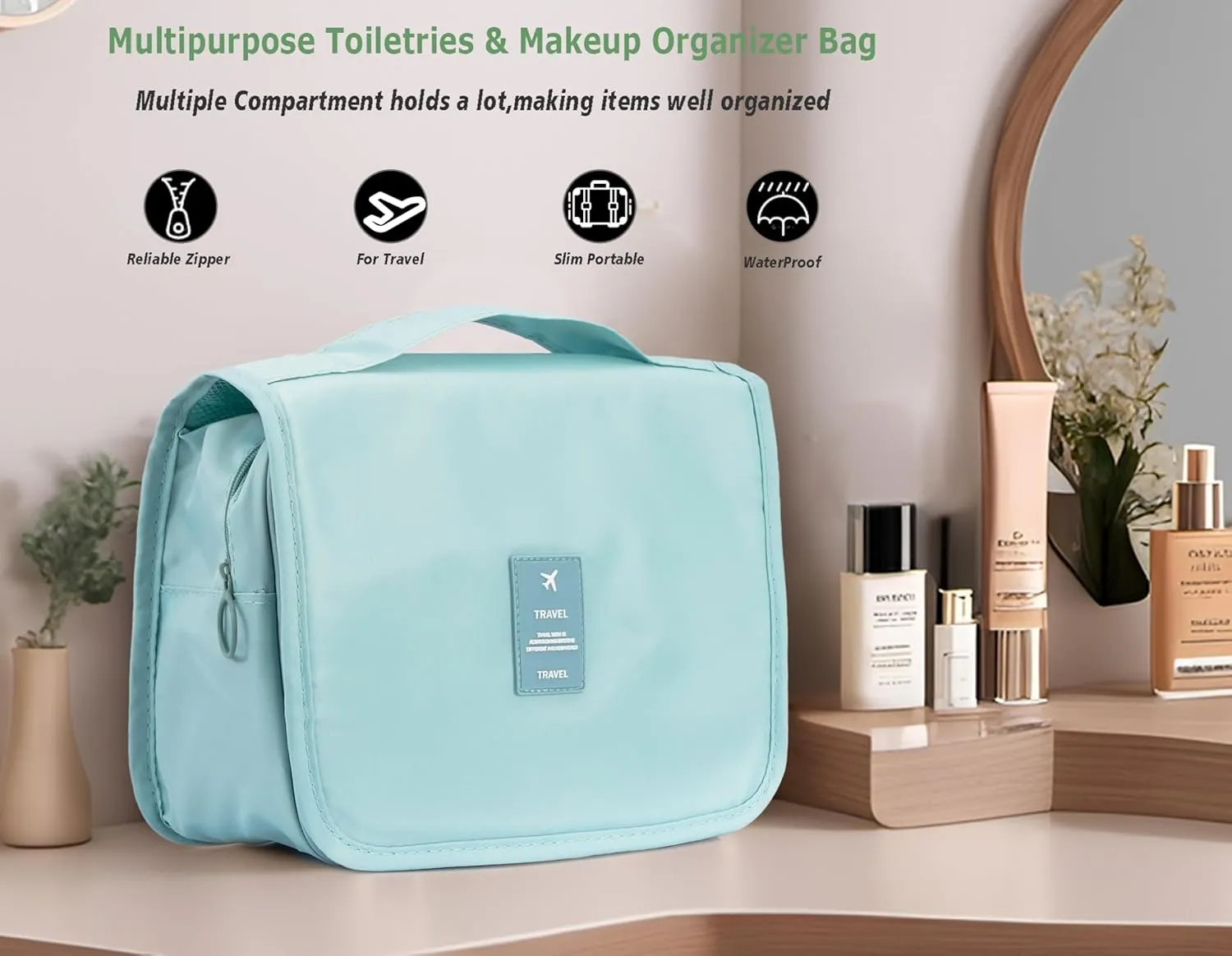 L&FY Hanging Travel Toiletry Bag Women's Cosmetic Organizer Makeup Pouch Men's Dopp Kits With Handle(Lake Blue)