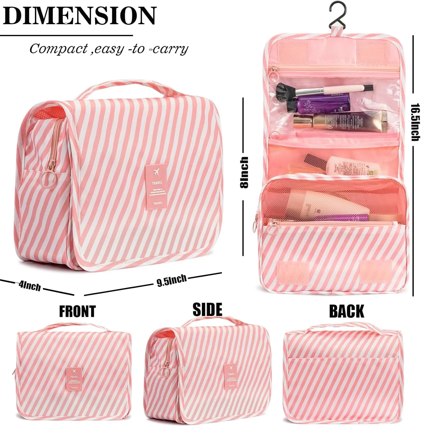 L&FY Hanging Travel Toiletry Bag Women's Cosmetic Organizer Makeup Pouch Men's Dopp Kits With Handle（Pink Stripe）