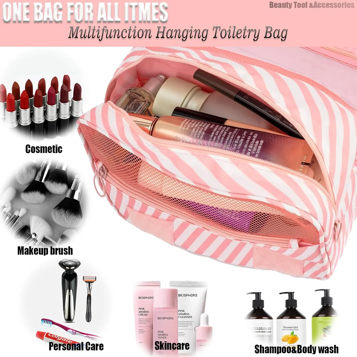 L&FY Hanging Travel Toiletry Bag Women's Cosmetic Organizer Makeup Pouch Men's Dopp Kits With Handle（Pink Stripe）