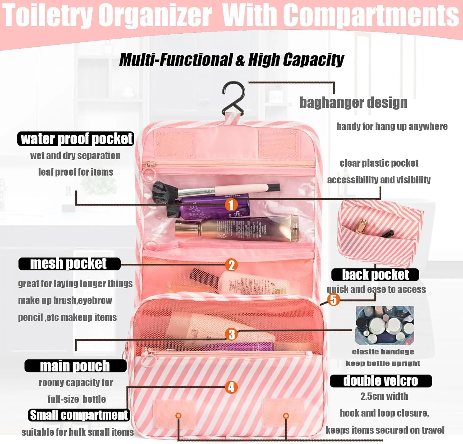 L&FY Hanging Travel Toiletry Bag Women's Cosmetic Organizer Makeup Pouch Men's Dopp Kits With Handle（Pink Stripe）