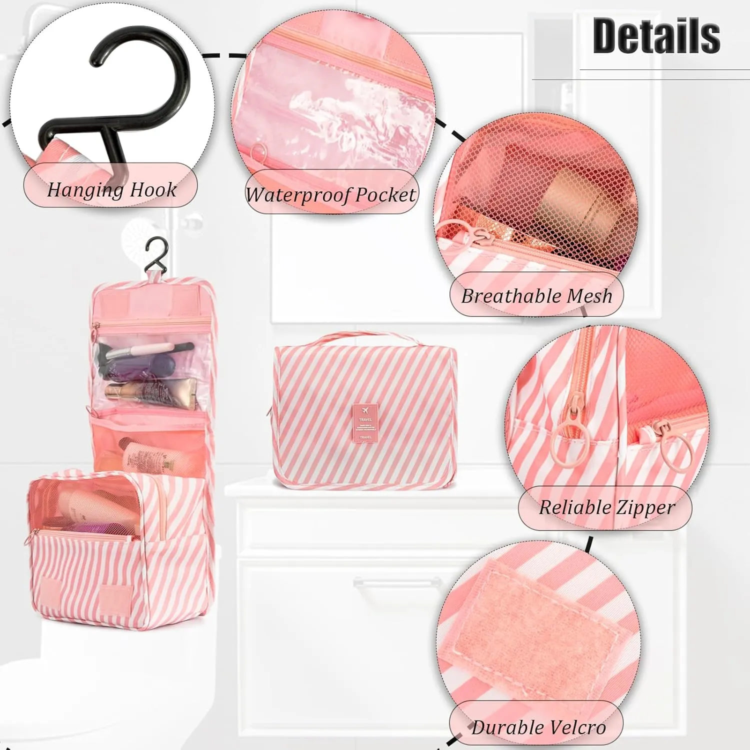 L&FY Hanging Travel Toiletry Bag Women's Cosmetic Organizer Makeup Pouch Men's Dopp Kits With Handle（Pink Stripe）
