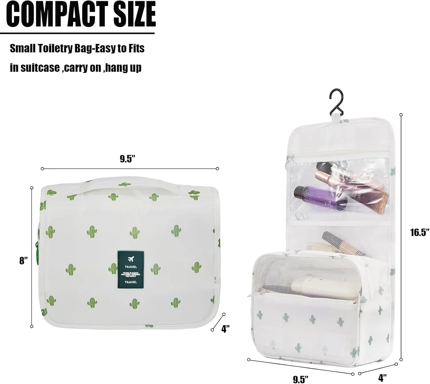 L&FY Toiletry Bag-Portable Haning Toiletry Bag For Women-Travel Makeup Organizer Cosmetic Bag with Compartment,Stury Hook (White Cactus/Travel Bag)