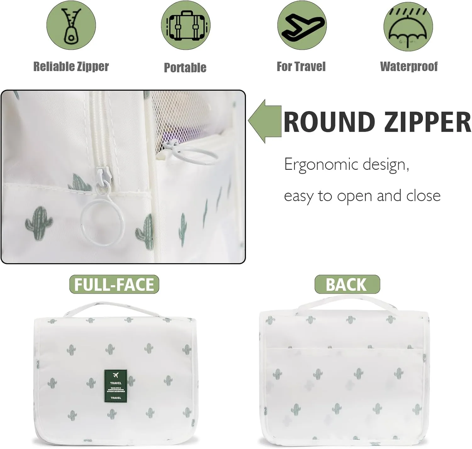 L&FY Toiletry Bag-Portable Haning Toiletry Bag For Women-Travel Makeup Organizer Cosmetic Bag with Compartment,Stury Hook (White Cactus/Travel Bag)