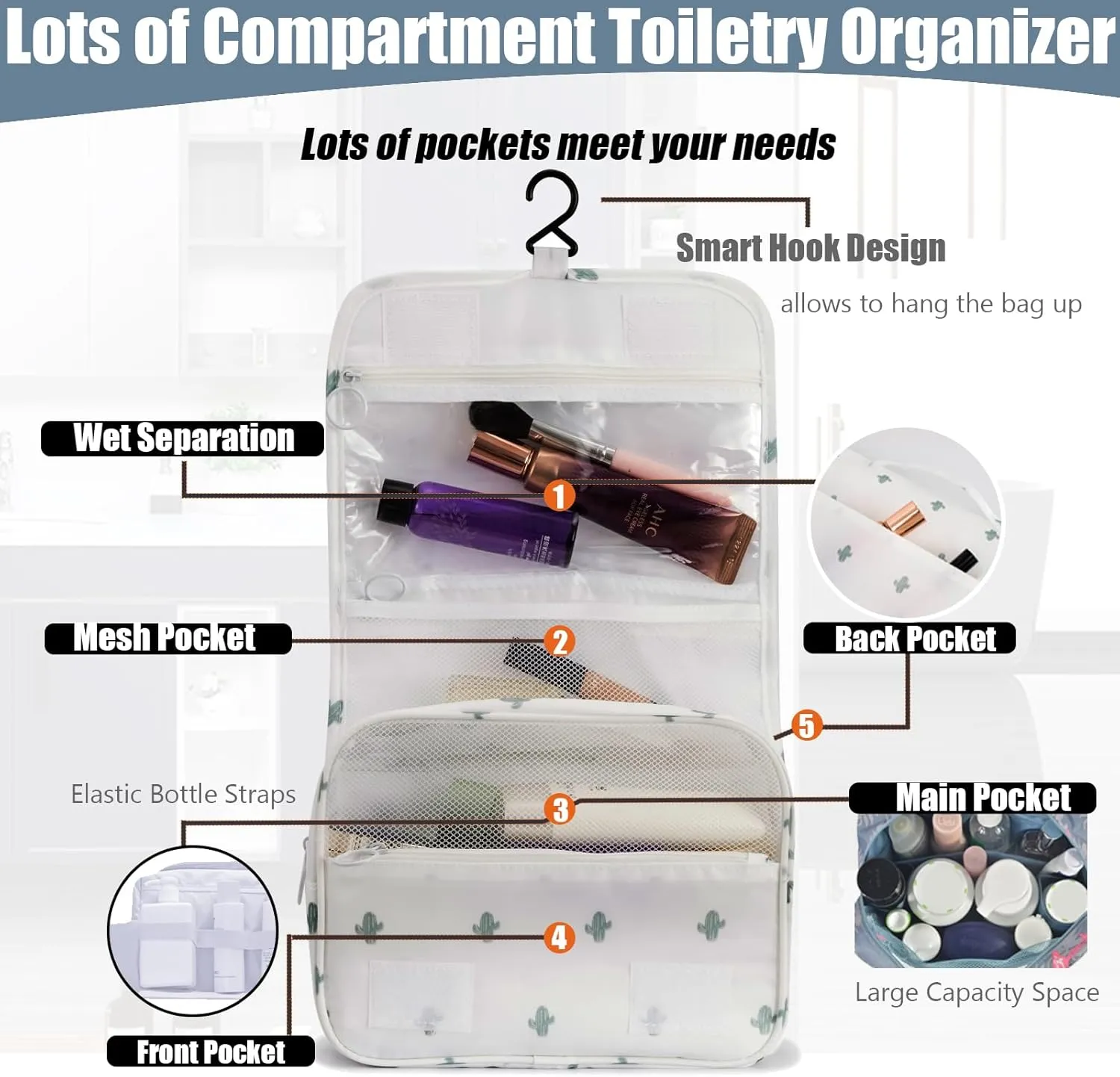 L&FY Toiletry Bag-Portable Haning Toiletry Bag For Women-Travel Makeup Organizer Cosmetic Bag with Compartment,Stury Hook (White Cactus/Travel Bag)