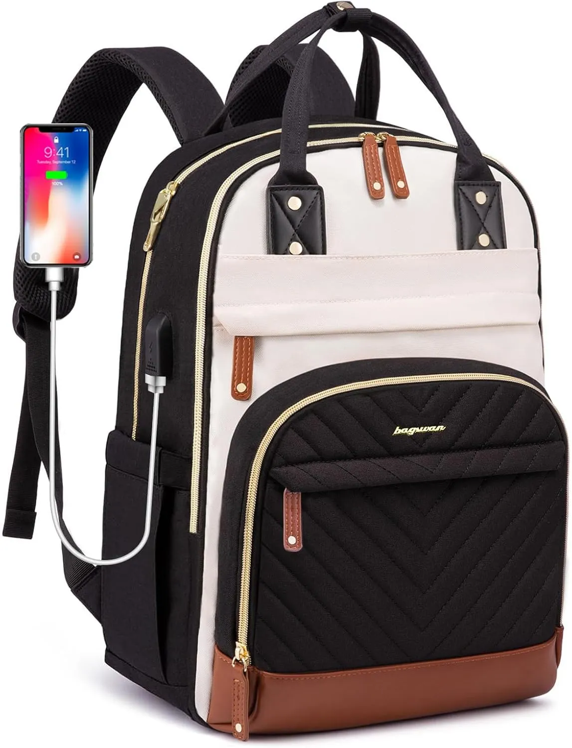 Laptop Backpack for Women Work Bag - Travel Backpack with USB Charger 18 inch College Bookbag Waterproof Business Computer Backpack Anti-theft Casual Backpacks for Nurse Teacher Beige Black Brown