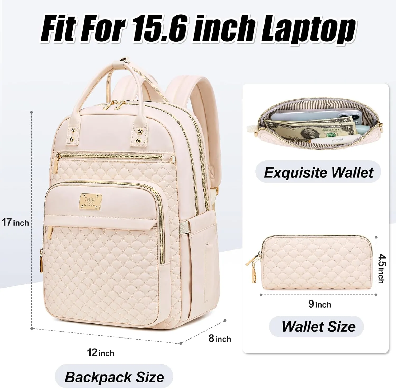Laptop Backpack for Women,15.6 Inch Laptop Backpack for Work,Water Resistant Travel Backpack,College Bookbag with Wallet (Beige)