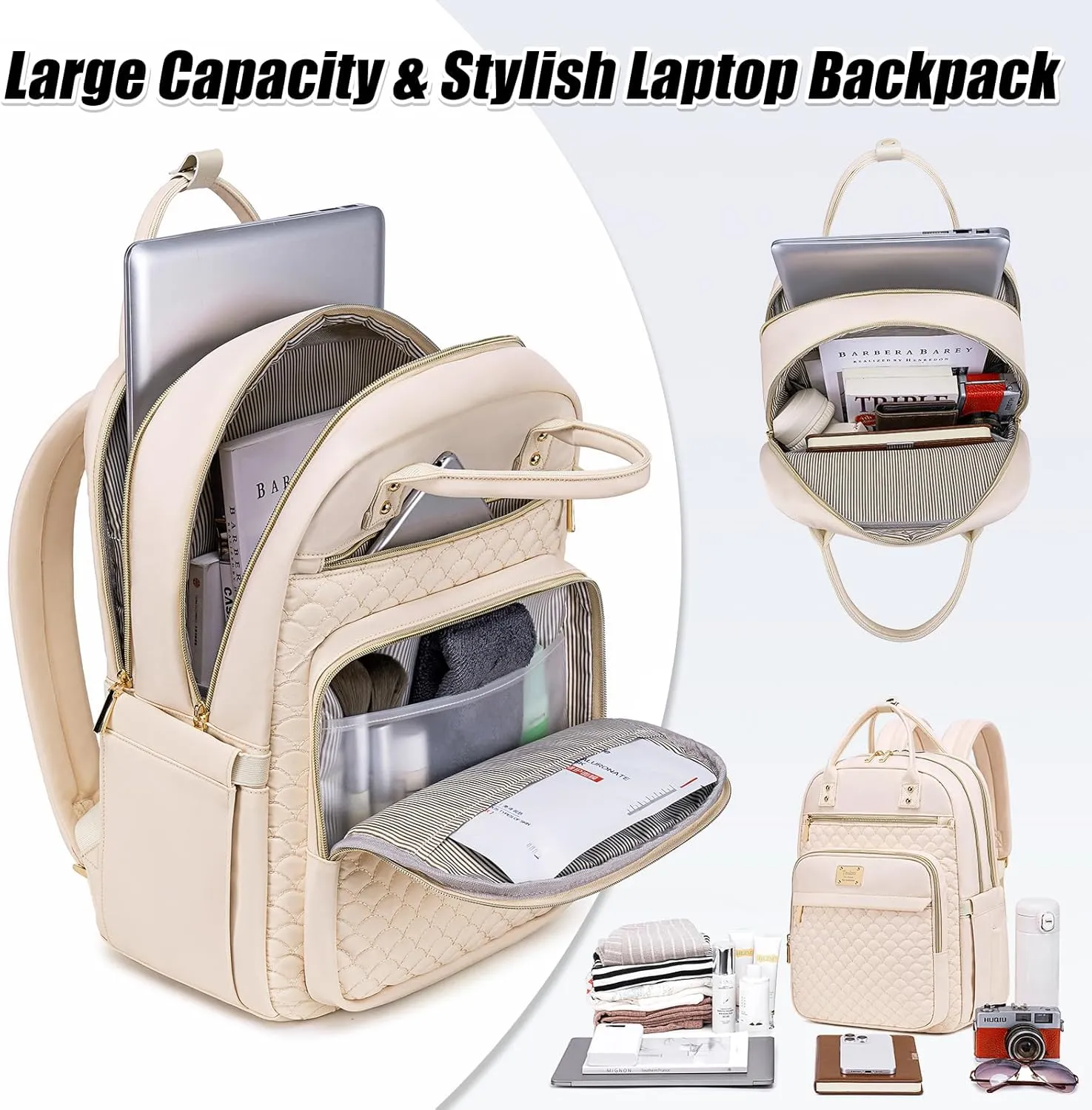Laptop Backpack for Women,15.6 Inch Laptop Backpack for Work,Water Resistant Travel Backpack,College Bookbag with Wallet (Beige)