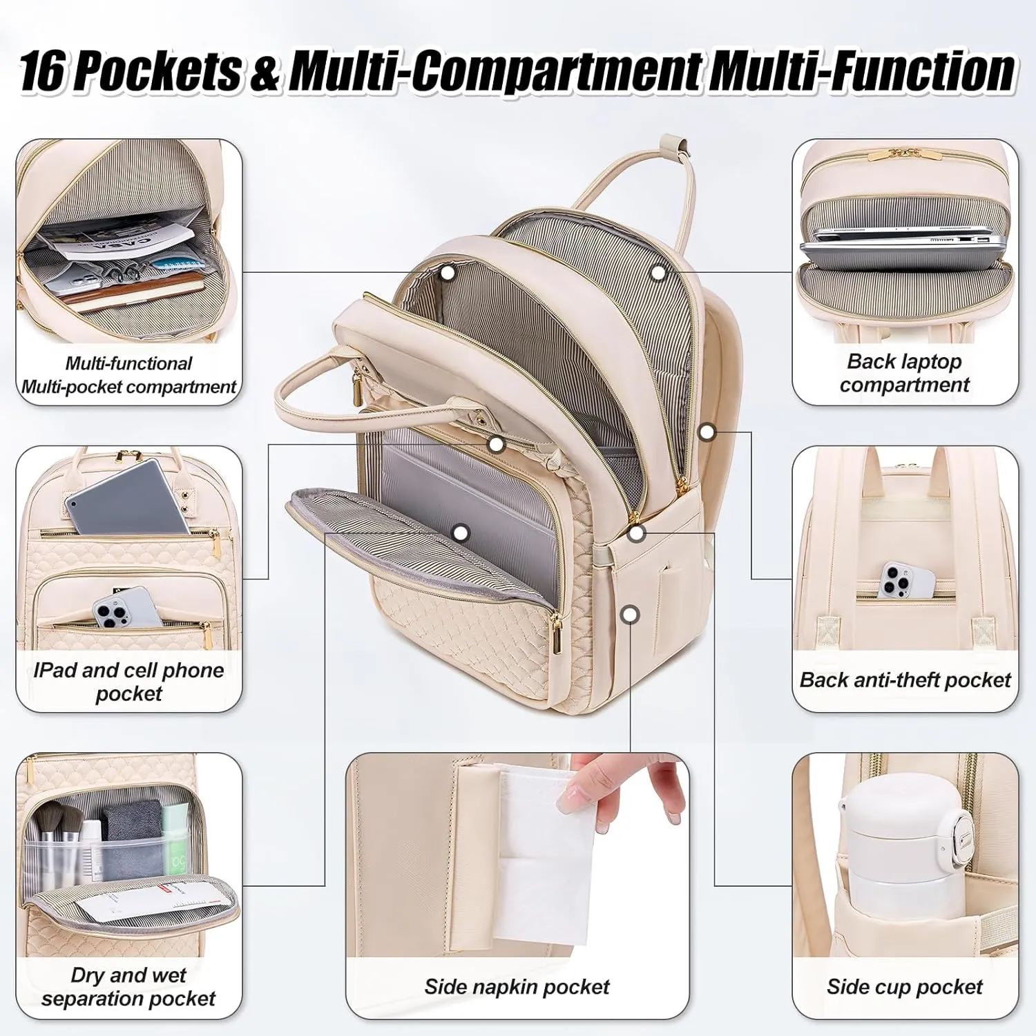 Laptop Backpack for Women,15.6 Inch Laptop Backpack for Work,Water Resistant Travel Backpack,College Bookbag with Wallet (Beige)