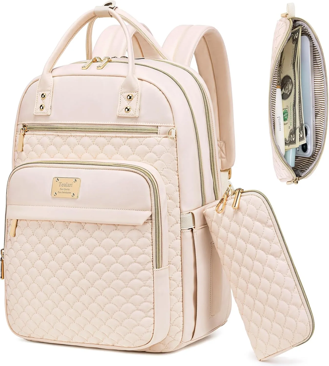Laptop Backpack for Women,15.6 Inch Laptop Backpack for Work,Water Resistant Travel Backpack,College Bookbag with Wallet (Beige)