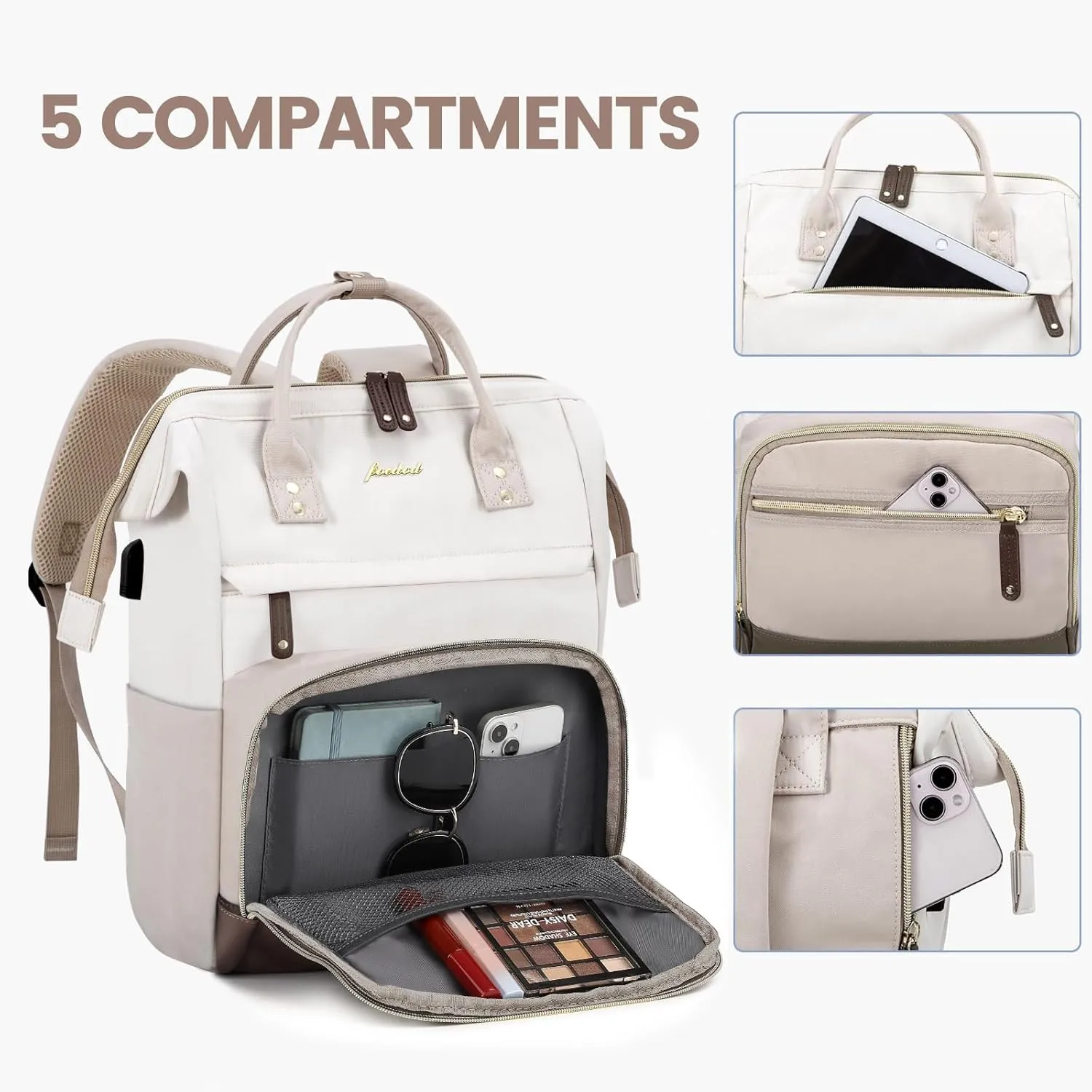 Laptop Backpack Women Teacher Backpack Nurse Bags 15.6 Inch Womens Work Backpack Purse Waterproof Anti-theft Travel Back Pack with USB Charging Port Beige-Khaki