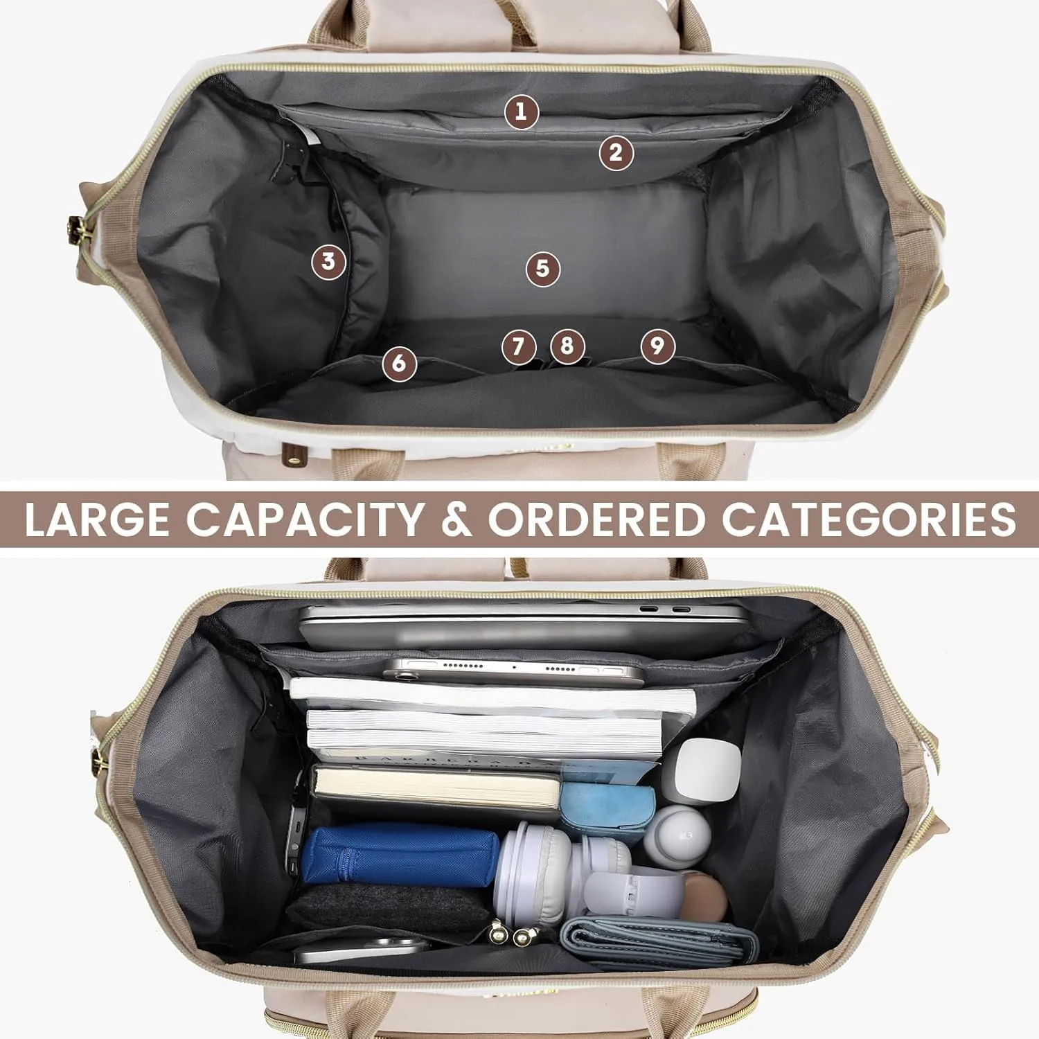 Laptop Backpack Women Teacher Backpack Nurse Bags 15.6 Inch Womens Work Backpack Purse Waterproof Anti-theft Travel Back Pack with USB Charging Port Beige-Khaki