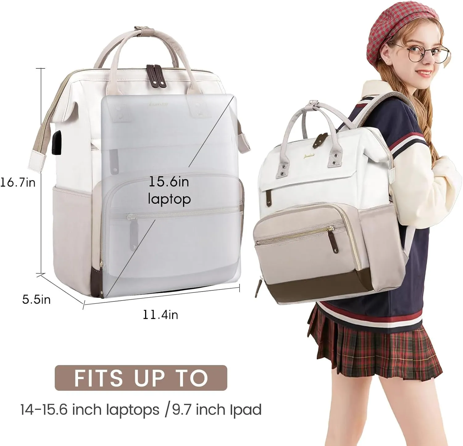 Laptop Backpack Women Teacher Backpack Nurse Bags 15.6 Inch Womens Work Backpack Purse Waterproof Anti-theft Travel Back Pack with USB Charging Port Beige-Khaki