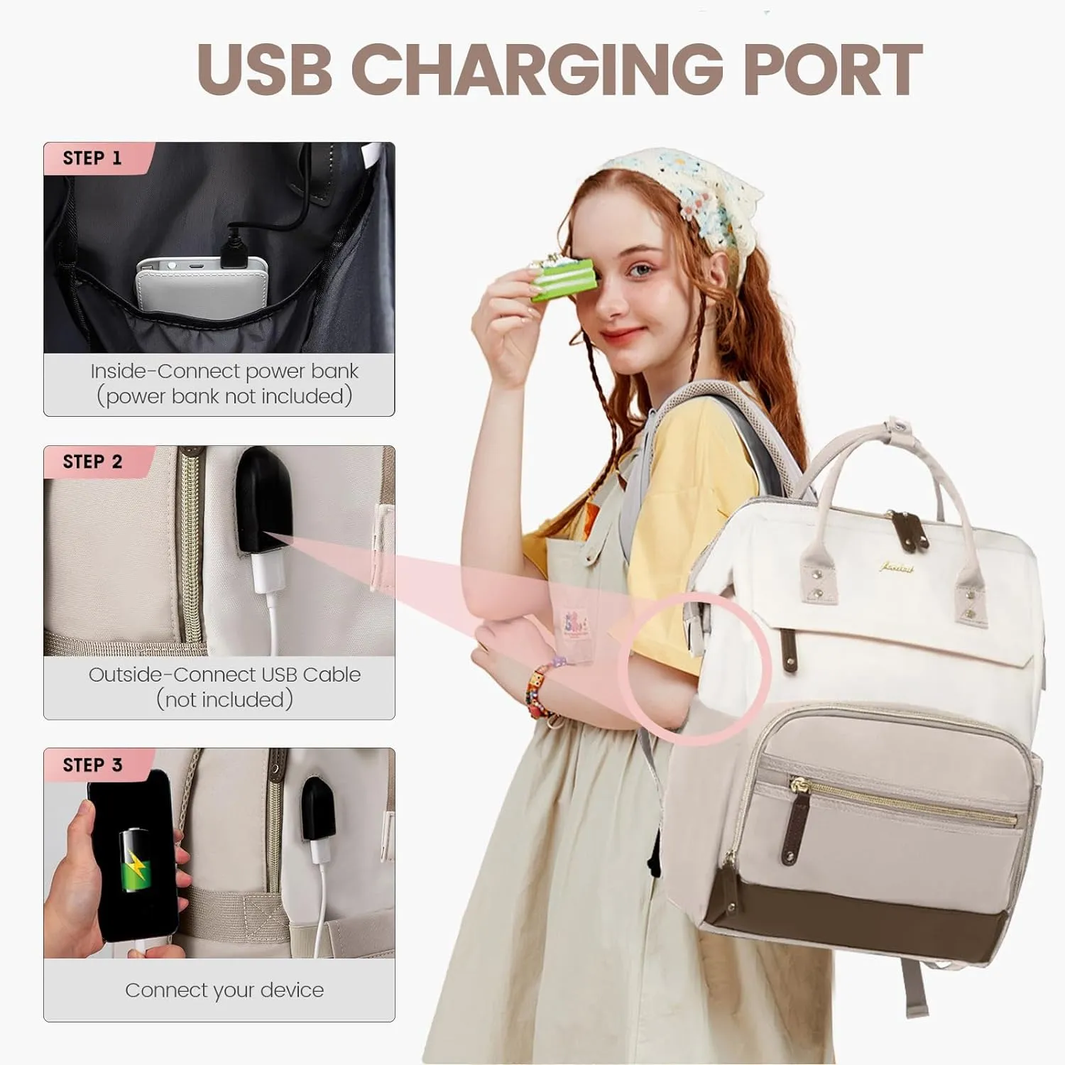 Laptop Backpack Women Teacher Backpack Nurse Bags 15.6 Inch Womens Work Backpack Purse Waterproof Anti-theft Travel Back Pack with USB Charging Port Beige-Khaki