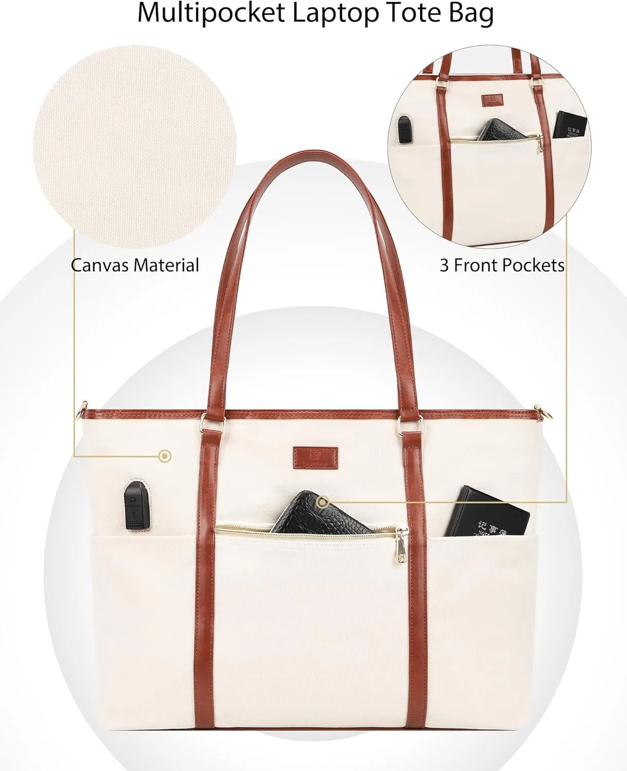 Laptop Tote Bag for Women 17 Inch Canvas Teacher Work Tote Bag with USB Charging Port Large Computer Bag Handbag Satchel Shoulder with Shoulder Straps