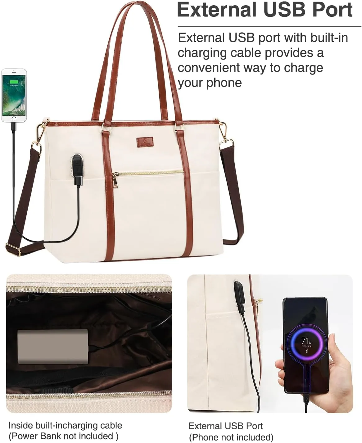 Laptop Tote Bag for Women 17 Inch Canvas Teacher Work Tote Bag with USB Charging Port Large Computer Bag Handbag Satchel Shoulder with Shoulder Straps