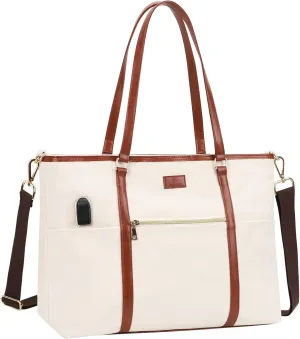 Laptop Tote Bag for Women 17 Inch Canvas Teacher Work Tote Bag with USB Charging Port Large Computer Bag Handbag Satchel Shoulder with Shoulder Straps
