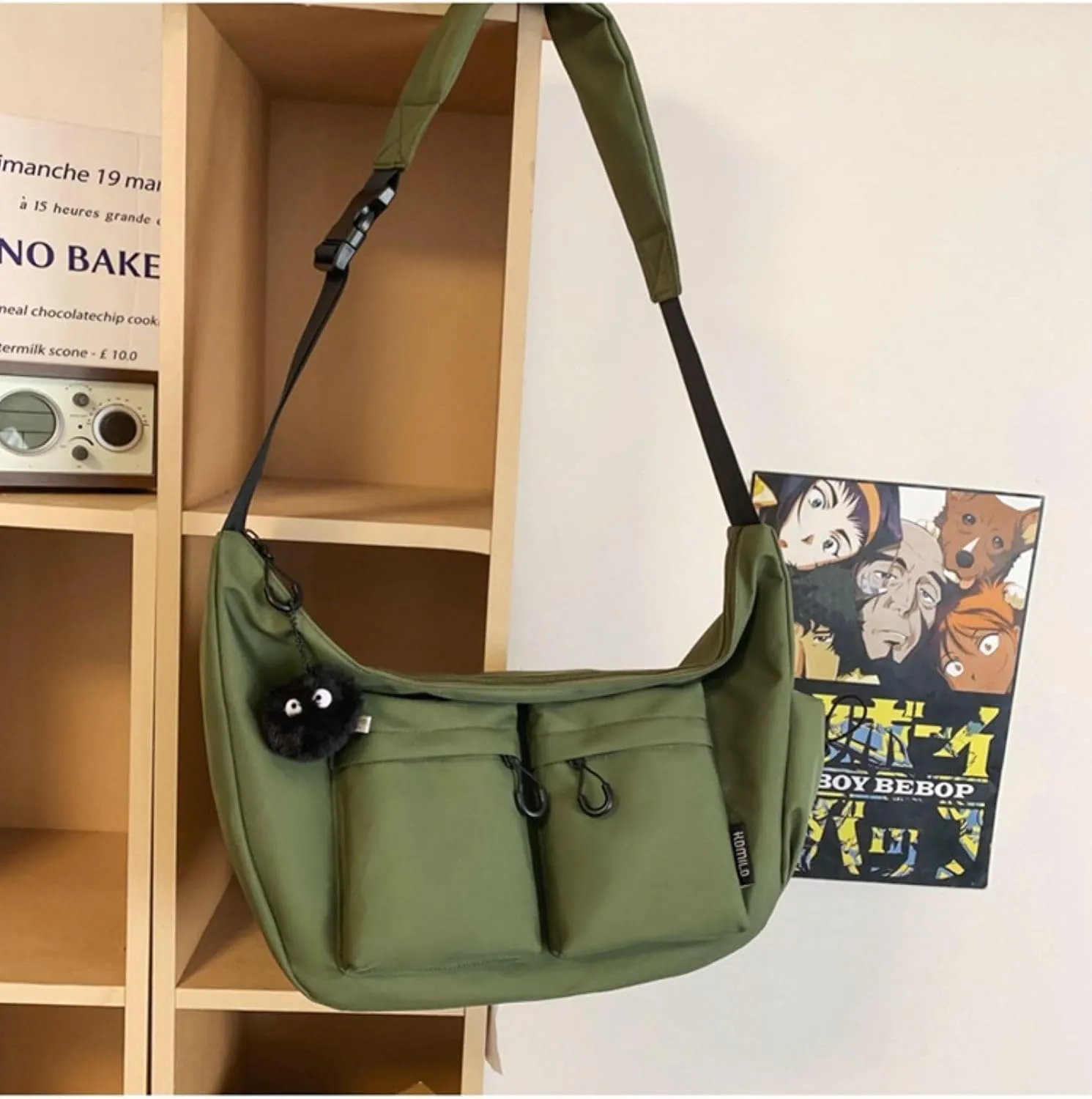 Large capacity messenger canvas bag, large capacity crossbody bag, unisex solid color casual waterproof handbag