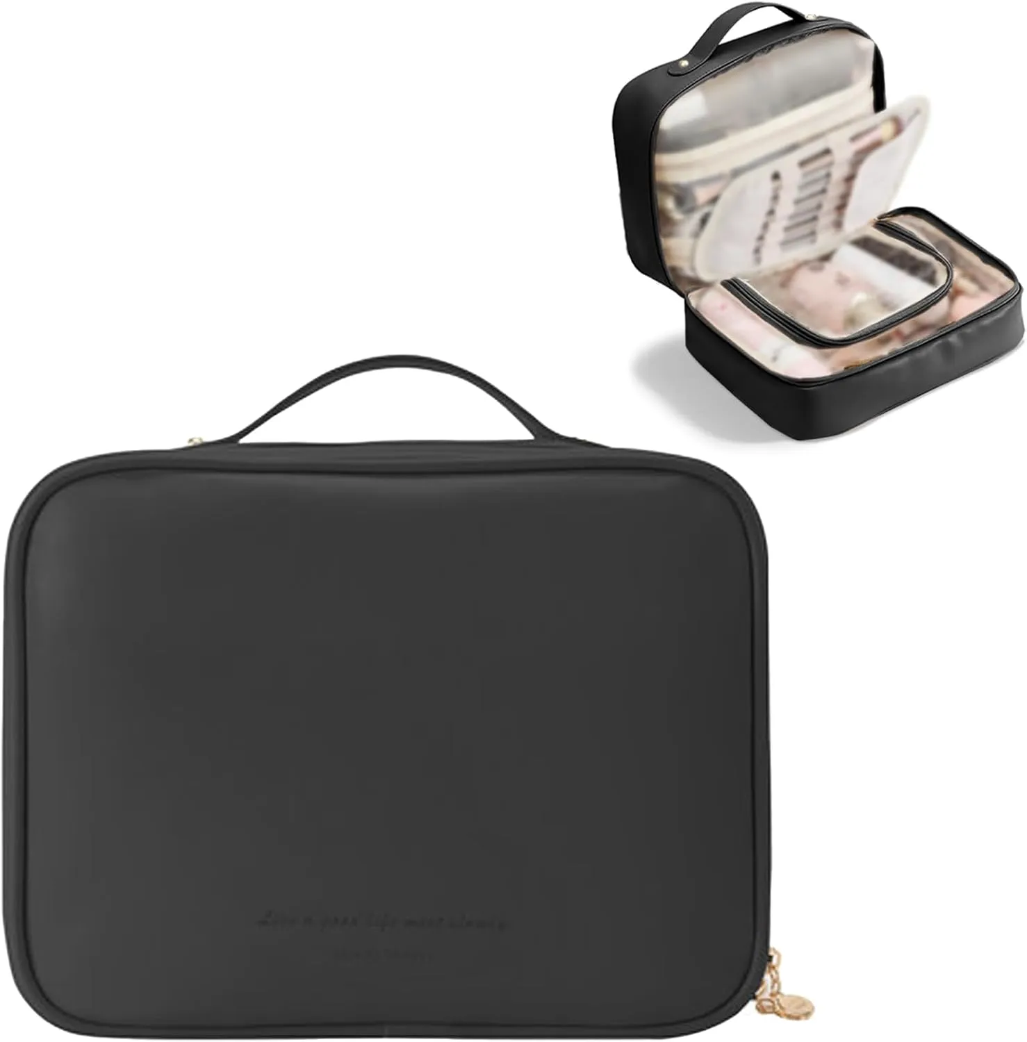 Large Capacity Travel Cosmetic Bags, Portable Waterproof Cosmetic Storage Cases, Large Open Makeup Bag with Recumbent Opening, Cute Toiletry Organizer Case for Women (Black)