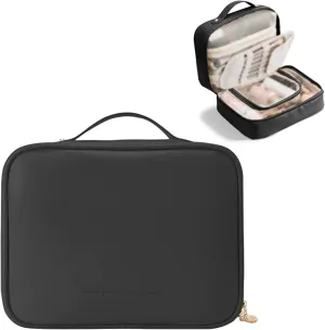 Large Capacity Travel Cosmetic Bags, Portable Waterproof Cosmetic Storage Cases, Large Open Makeup Bag with Recumbent Opening, Cute Toiletry Organizer Case for Women (Black)