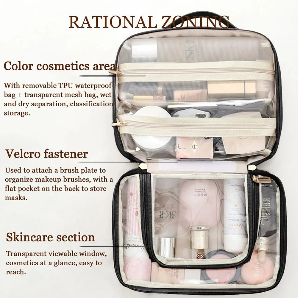 Large Capacity Travel Cosmetic Bags, Portable Waterproof Cosmetic Storage Cases, Large Open Makeup Bag with Recumbent Opening, Cute Toiletry Organizer Case for Women (Black)