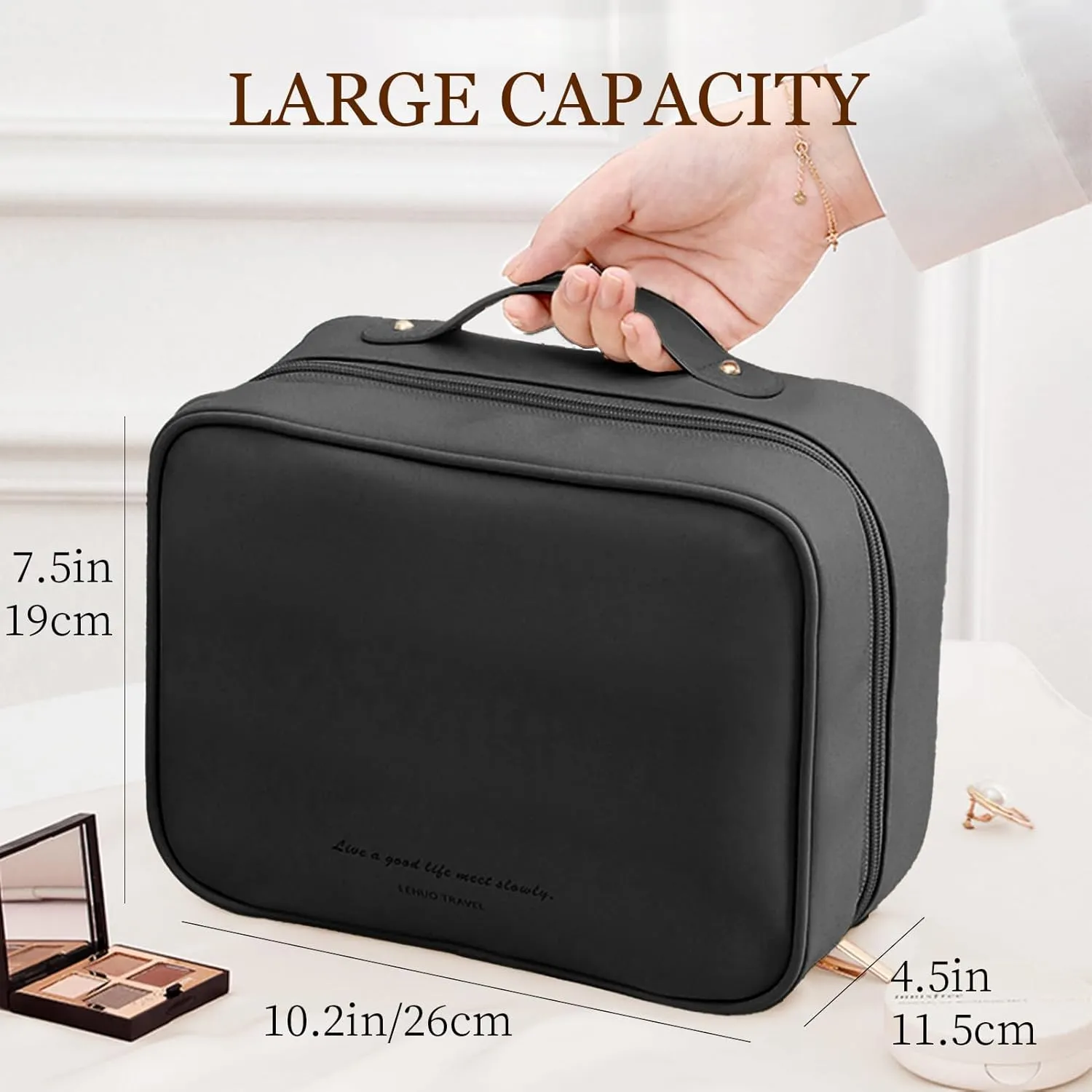 Large Capacity Travel Cosmetic Bags, Portable Waterproof Cosmetic Storage Cases, Large Open Makeup Bag with Recumbent Opening, Cute Toiletry Organizer Case for Women (Black)