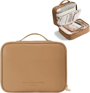 Large Capacity Travel Cosmetic Bags, Portable Waterproof Cosmetic Storage Cases, Large Open Makeup Bag with Recumbent Opening, Cute Toiletry Organizer Case for Women (Brown)