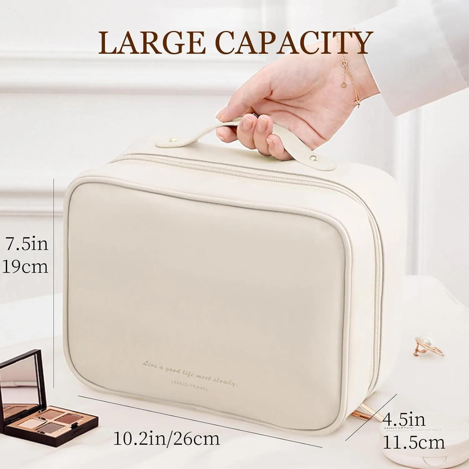 Large Capacity Travel Cosmetic Bags, Portable Waterproof Cosmetic Storage Cases, Large Open Makeup Bag with Recumbent Opening, Cute Toiletry Organizer Case for Women (Brown)