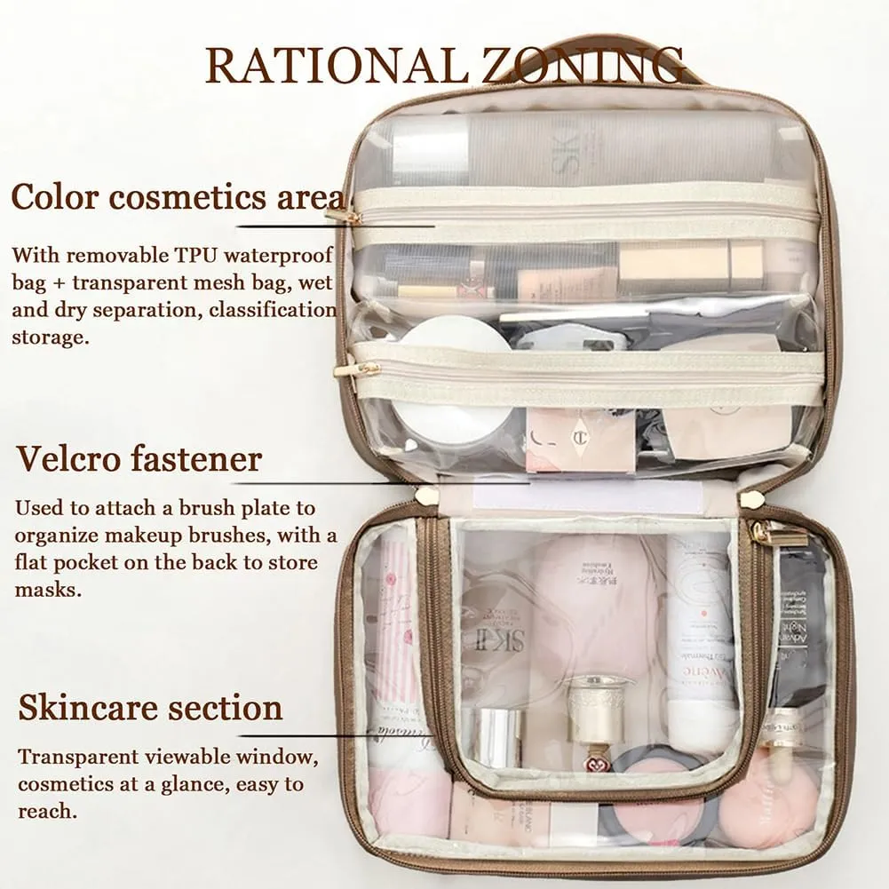 Large Capacity Travel Cosmetic Bags, Portable Waterproof Cosmetic Storage Cases, Large Open Makeup Bag with Recumbent Opening, Cute Toiletry Organizer Case for Women (Brown)