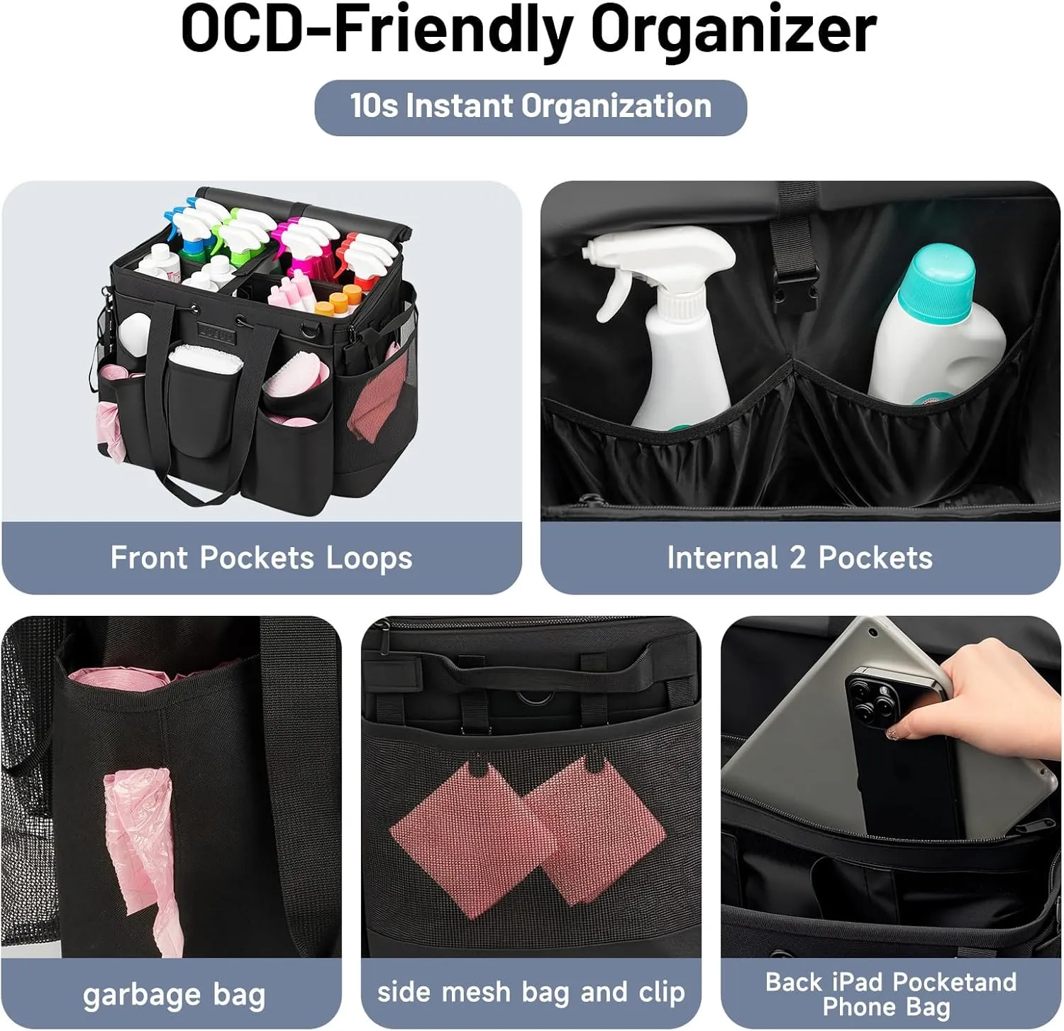 Large Cleaning Caddy for Cleaning Supplies Organizer, Rolling Cleaning Caddy Bags with Wheels for Housekeepers, Cleaning Carts on Wheels for Home Car Office Picnic