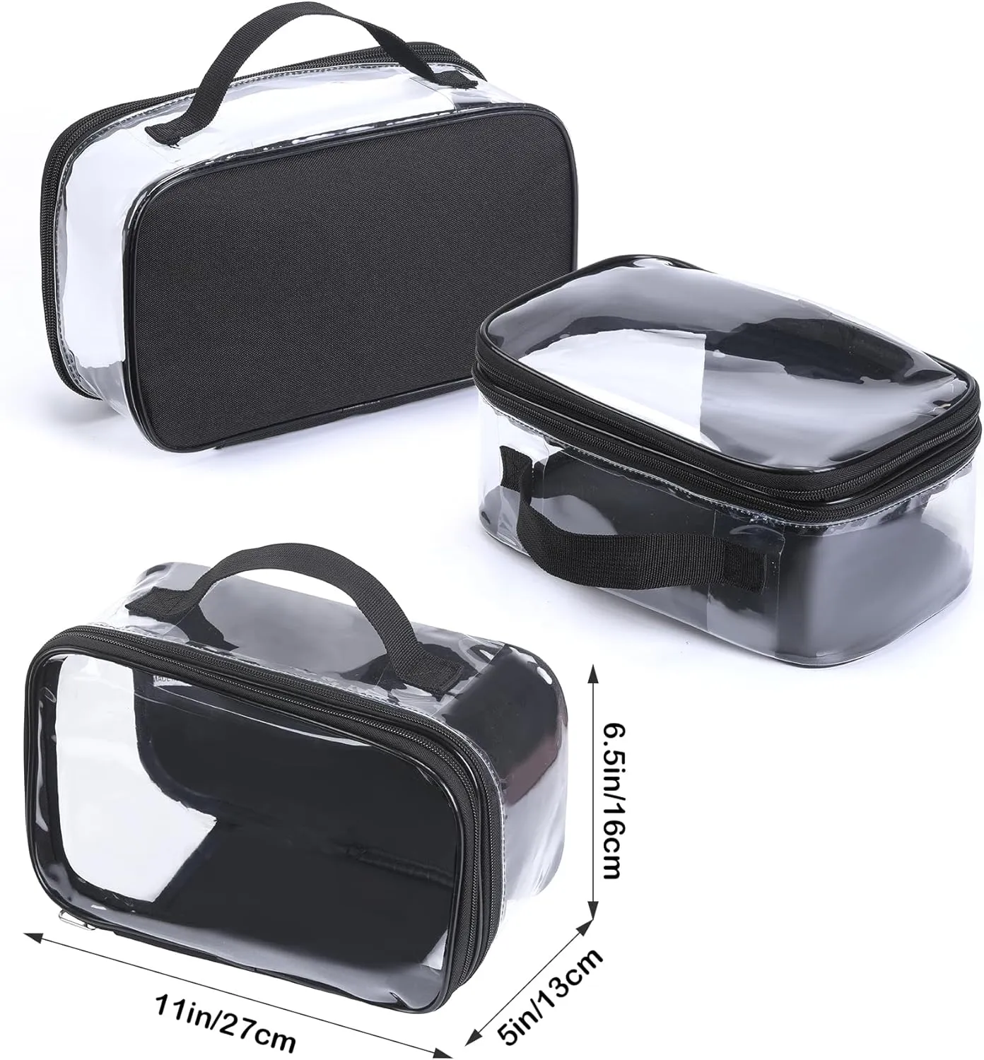 Large Clear travel bags for toiletries pouches carry on reusable,purse see-through plastic pvc TSA airport approved with handle (Black)