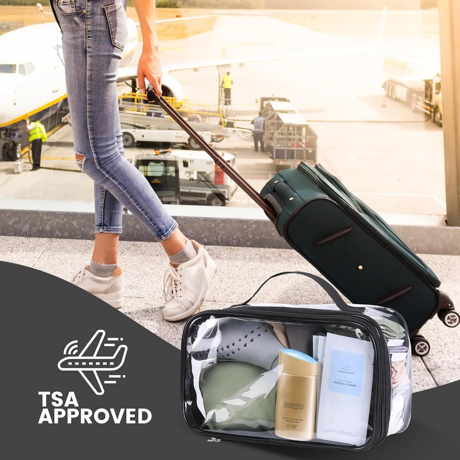 Large Clear travel bags for toiletries pouches carry on reusable,purse see-through plastic pvc TSA airport approved with handle (Black)