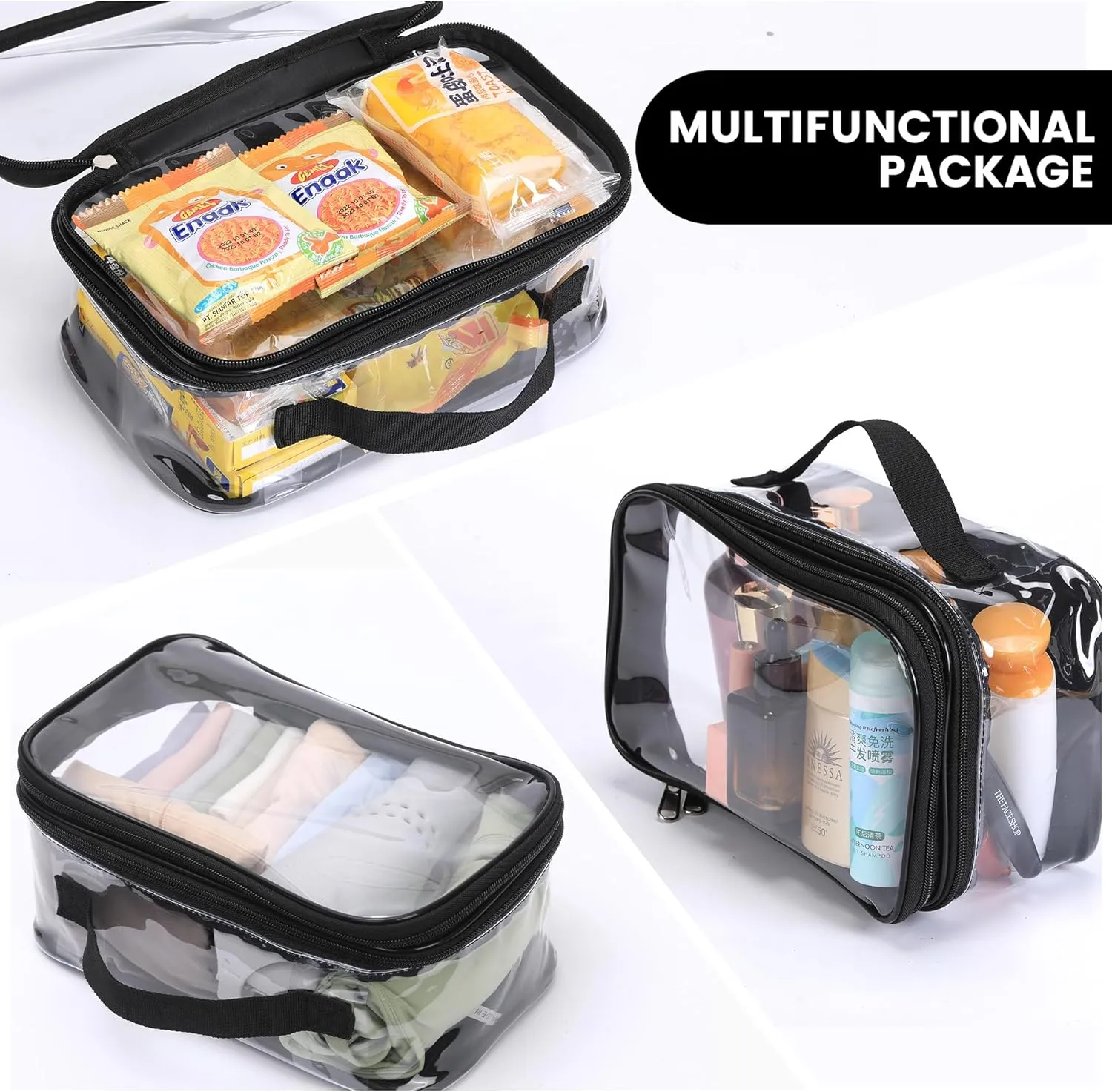 Large Clear travel bags for toiletries pouches carry on reusable,purse see-through plastic pvc TSA airport approved with handle (Black)