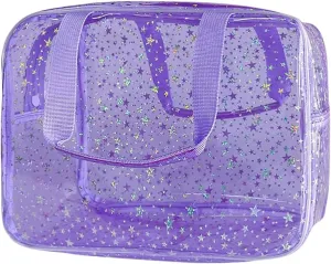 Large Holographic Star Makeup Bag Waterproof Toiletry Carry Pouches Cases Clear Cosmetic Bags Make up Storage Pouch See Through Bathroom Bag Travel Transparent Bath Organizer with Zipper Purple