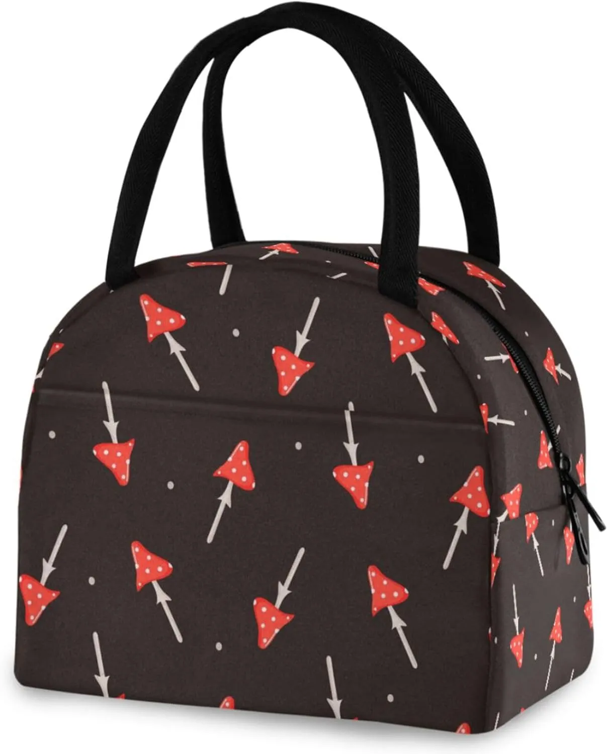Large Insulated Lunch Tote Bag, Poisonous Mushrooms Black Reusable Leakproof Cooler Box with 2 Pockets for Women Mens School Work Picnic Travel Beach Fishing