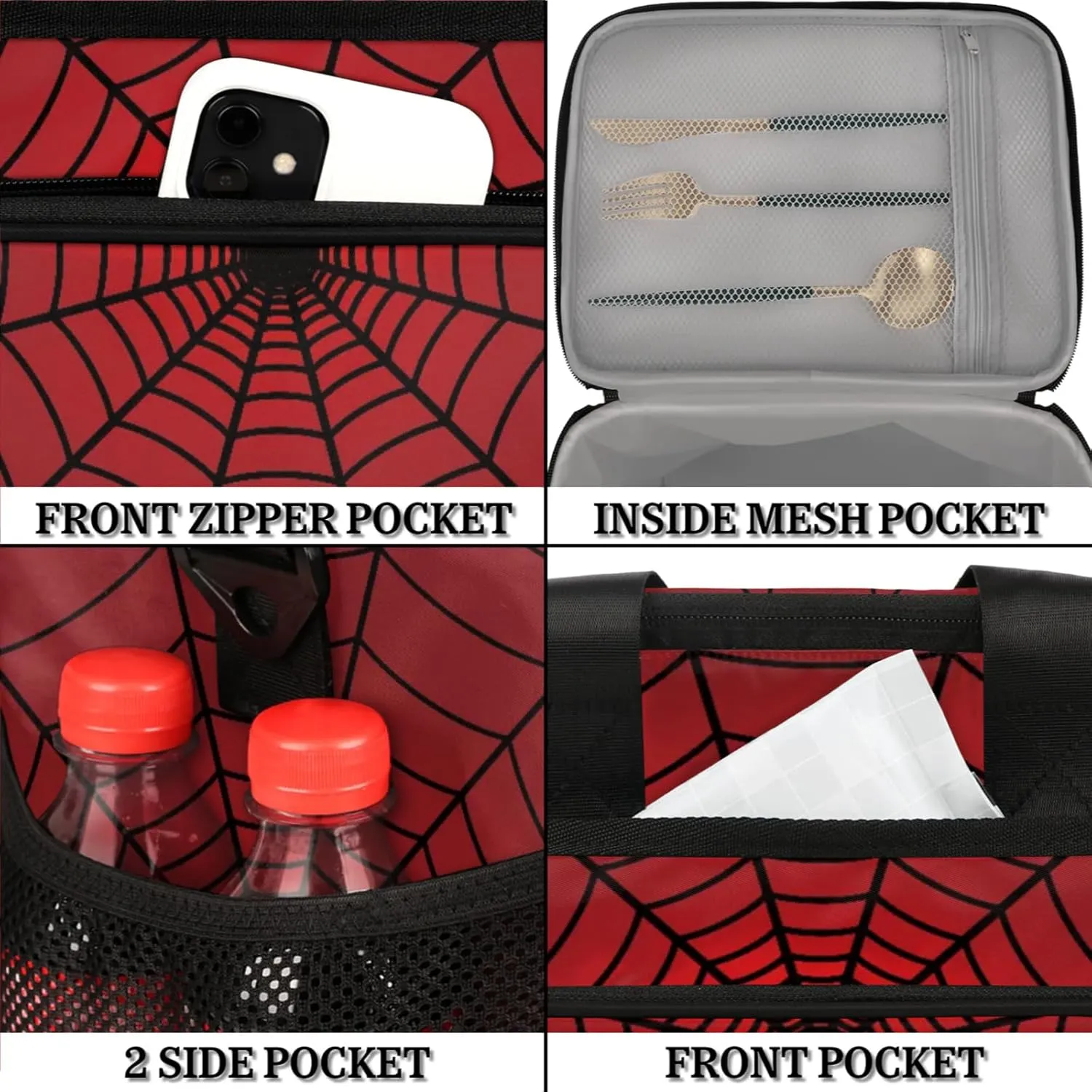 Large Lunch Bag Women Insulated, Portable Cooler Bags Insulated for Travel, Men Lunch Box with Compartments, Lunch Tote Bag with Shoulder Strap for Work, Picnic (Red Spiders Web)