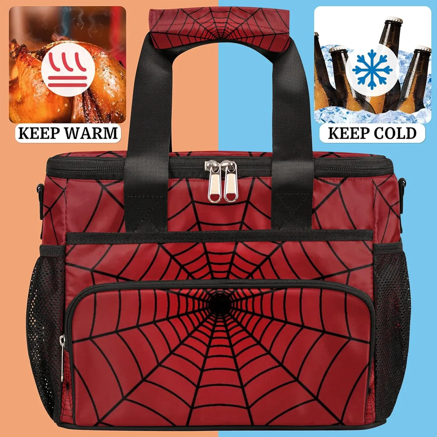 Large Lunch Bag Women Insulated, Portable Cooler Bags Insulated for Travel, Men Lunch Box with Compartments, Lunch Tote Bag with Shoulder Strap for Work, Picnic (Red Spiders Web)