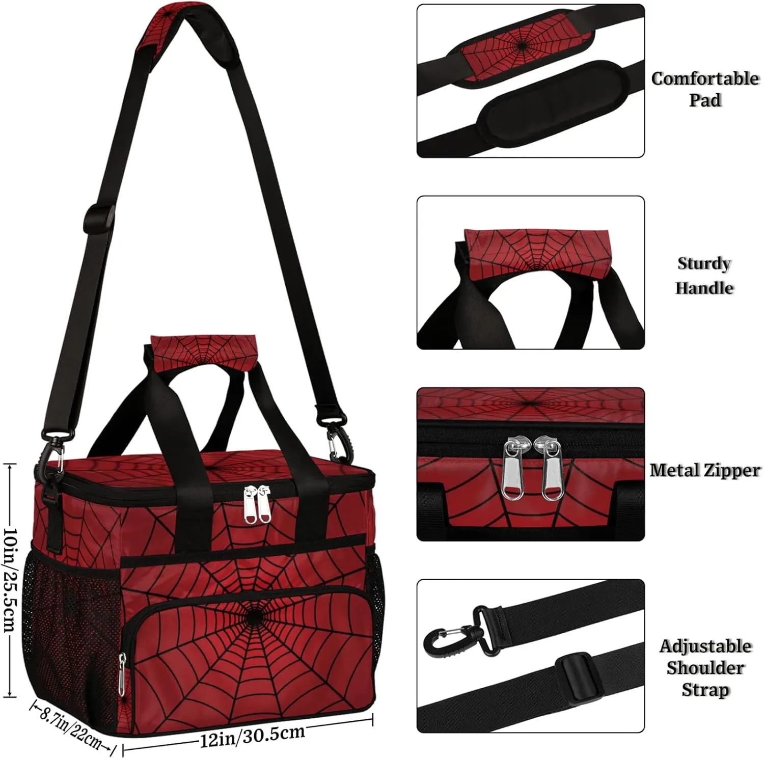 Large Lunch Bag Women Insulated, Portable Cooler Bags Insulated for Travel, Men Lunch Box with Compartments, Lunch Tote Bag with Shoulder Strap for Work, Picnic (Red Spiders Web)