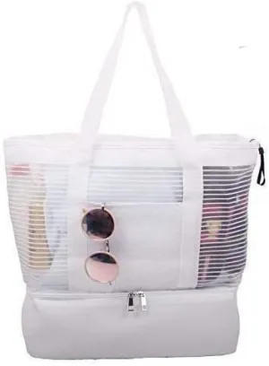 Large Mesh Beach Tote Bag with Zipper and Insulated Picnic Cooler Leak-proof for Beach Pool Outdoor Trave Gym
