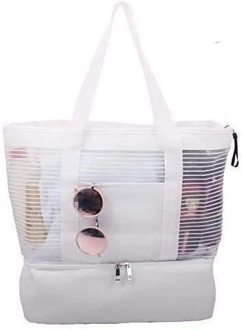 Large Mesh Beach Tote Bag with Zipper and Insulated Picnic Cooler Leak-proof for Beach Pool Outdoor Trave Gym