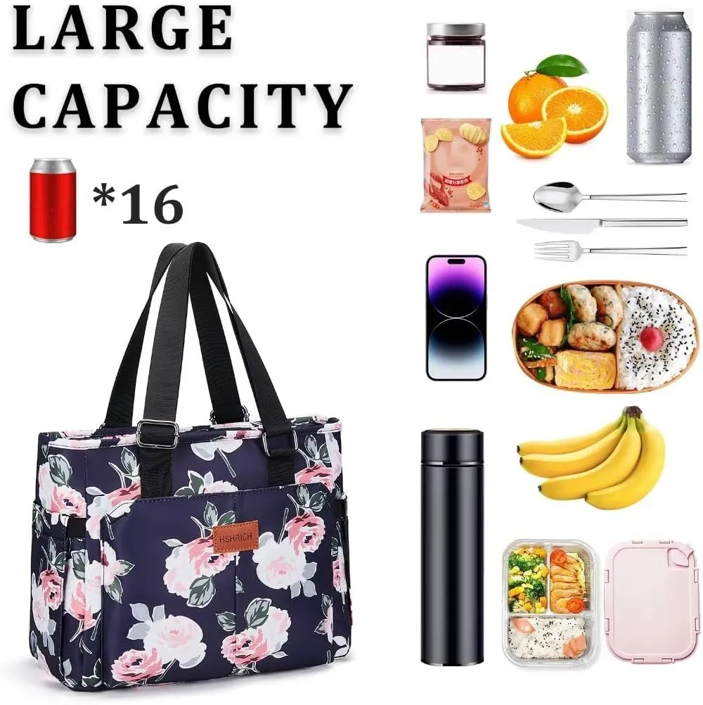 Large Peony Women's Lunch Bag, Insulated Aluminum Lunch Box with Side Pockets, Adjustable Carrying Options, Reusable and Easy to Clean